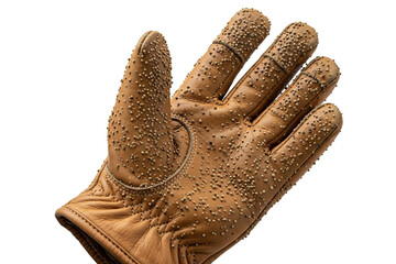 Brown leather protective work glove with textured grip dots on a transparent background
