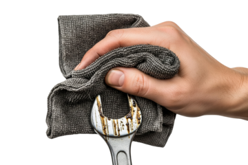 Hand cleaning dirty grease from metal wrench with grey cloth on a transparent background