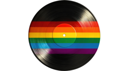 Colorful vinyl record with rainbow stripes reflecting light, round music disc showing vibrant colors and grooves isolated on white background