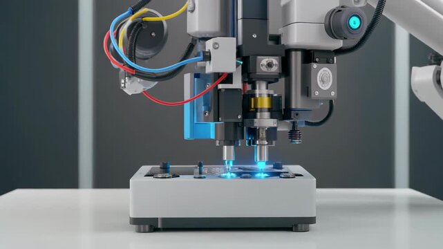 A robotic arm with a multi-headed precision device, emitting blue light.  The scene depicts modern industrial equipment on a sleek, white surface