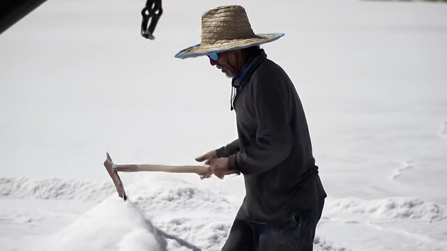 Man shoveling snow near a crane hook in a winter landscape.