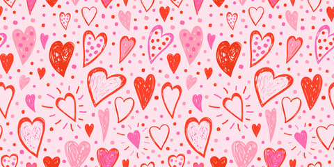 Pink and Red Colorful Doodle Hearts Vector Seamless Pattern for Valentine's Day Backgrounds and Love Themed Designs