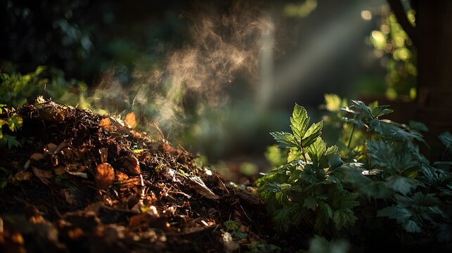 Steaming pile of organic compost and leaves in a garden setting with morning backlit sun rays catching the steam and rich soil texture.