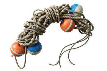 Old twisted nautical rope with colorful plastic fishing net buoys on a transparent background © tnihousestudio