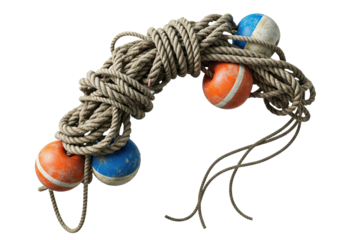 Old twisted nautical rope with colorful plastic fishing net buoys on a transparent background