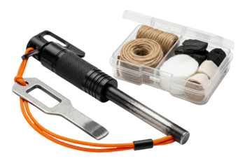 Survival fire starter kit with ferro rod striker and tinder box on a transparent background