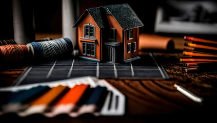 house model surrounded by architect and designer tools