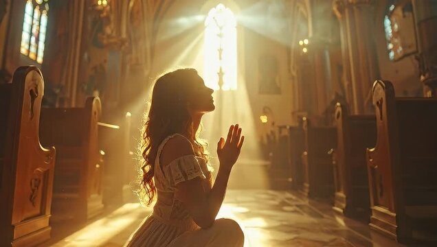 Woman Kneeling in Prayer Inside a Beautiful Church with Sunlight Shining Through.
