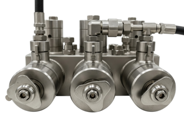 Stainless steel hydraulic valve manifold with control knobs and hoses on a transparent background