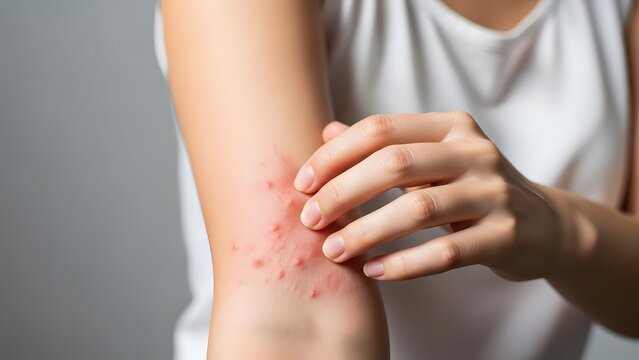 A person scratching an itchy rash on their arm with redness and irritation
