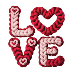 The word love creatively spelled with braided yarn in shades of red and pink.