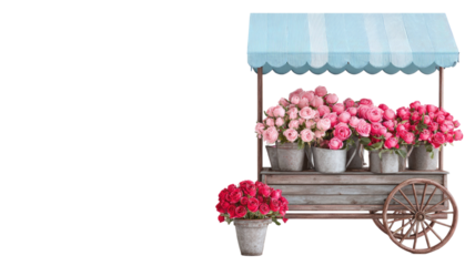 Wooden flower cart with pink and red roses in metal buckets under canopy isolated on white background
