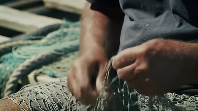 Close-up of a fishermans hands repairing a fishing net with precision and care.