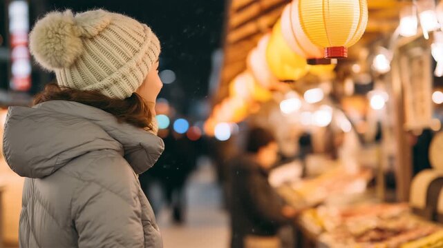 冬の夜の街、ライトグレーのダウン姿で微笑む女性