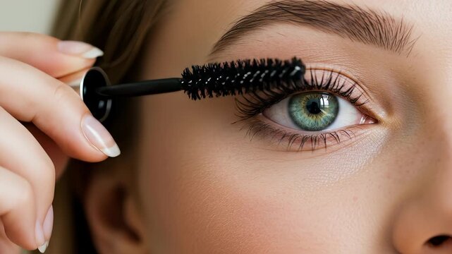Close-up of woman applying mascara to eyelashes for enhanced beauty routine look