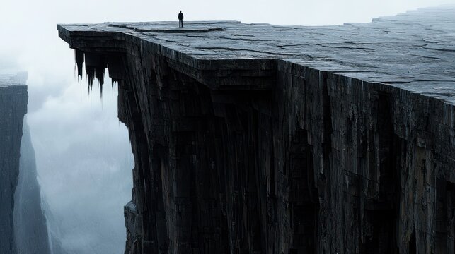A solitary figure stands on a precarious stone ledge overlooking a misty chasm. The weathered rock edge hangs in the air