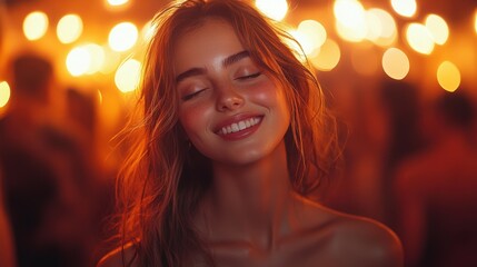Fototapeta premium A woman with long hair smiles in a bokeh background, suggesting celebration and festivity.