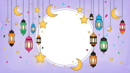Festive Islamic Ramadan Background with Hanging Lanterns and Stars