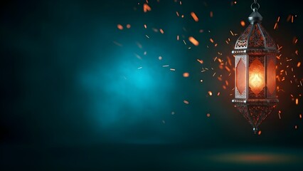 Ornate Glowing Ramadan Lantern with Sparks on Dark Background