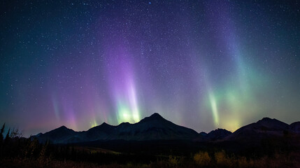 A majestic landscape under a starry night sky with flowing curtains of green and purple aurora over a mountain range.
