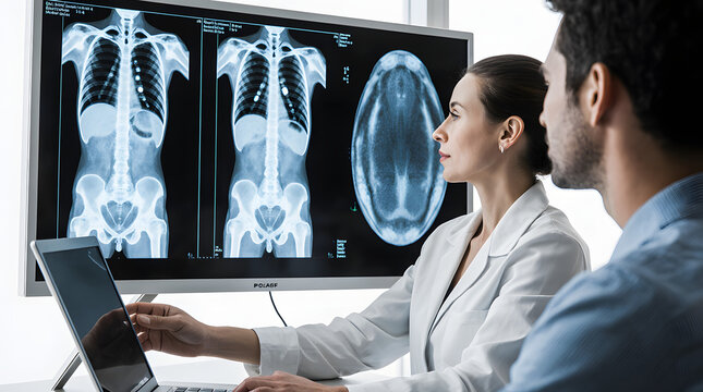 Radiologist and AI Specialist Collaborating on Medical Scan Analysis - Powered by Adobe