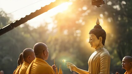 Golden Buddha Statue and Monks in a Religious Ceremony with Sunlight.