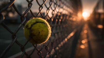 Yellow tennis ball stuck in a wire chain-link fence backlit by golden hour sun with lens flare and a soft focus background of a court.