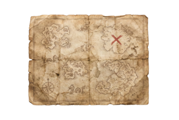 Old parchment treasure map with red X and fantasy islands. Pirate navigation chart.
