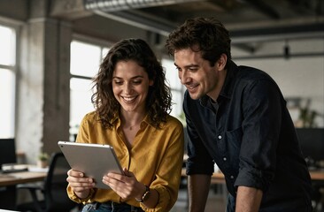 Business colleagues collaborating on digital tablet in office