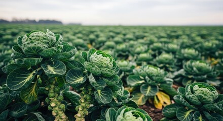 Brussels sprouts growing in a field with a cloudy sky in the background.