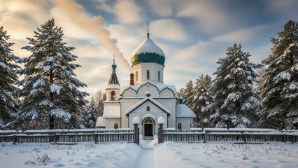 Obraz premium Serene White Orthodox Church with Teal Dome in Snowy Winter Landscape with Pine Trees