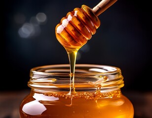 close up of honey dripping from a dipper into a jar against a dark background