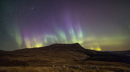 A majestic landscape under a starry night sky with flowing curtains of green and purple aurora over a mountain range.
