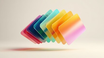 Fototapeta premium Floating rainbow payment cards in a glossy three-dimensional composition over a clean white backdrop