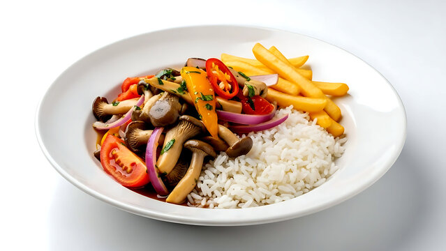 authentic Peruvian saltado de hongos (mushroom stir-fry), a colorful mix of oyster mushrooms, tomatoes, red onions, and aj&iacute; amarillo, over a bed of white rice, french fries 