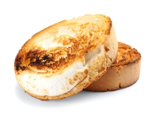 Two slices of golden-brown toasted bread, slightly charred in spots, stacked on top of each other against a white background