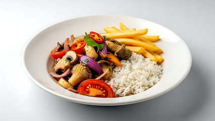 authentic Peruvian saltado de hongos (mushroom stir-fry), a colorful mix of oyster mushrooms, tomatoes, red onions, and aj&iacute; amarillo, over a bed of white rice, french fries 
