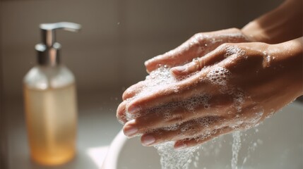 Fototapeta premium Foamy handwash: thorough cleansing of fingers and nails