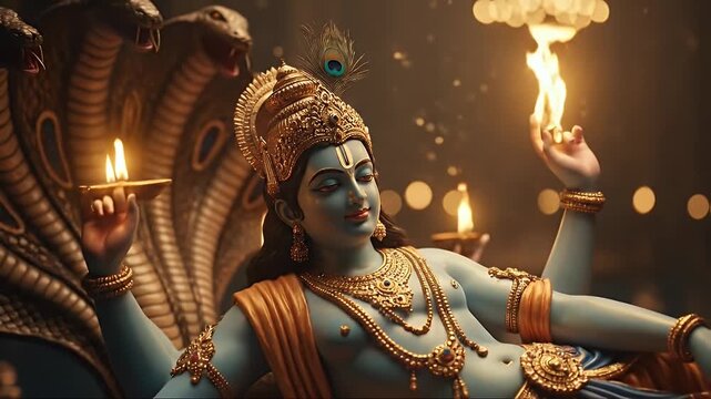 Divine Depiction of Lord Vishnu Resting on Sheshnag in a Serene Setting.