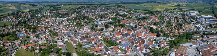 Obraz premium Aerial panoramic view of the city Wertingen in Germany, Bavaria on a sunny spring noon.