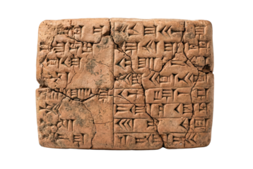 Ancient clay tablet with cuneiform script isolated. Mesopotamian historical artifact.