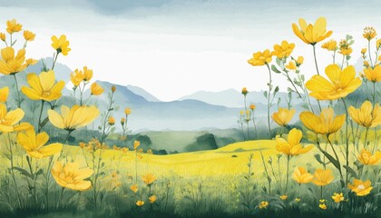 yellow flowers landscape in watercolor painting style