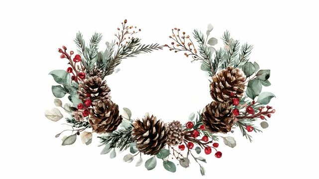 Festive pine cone and berry wreath with evergreen foliage on white background