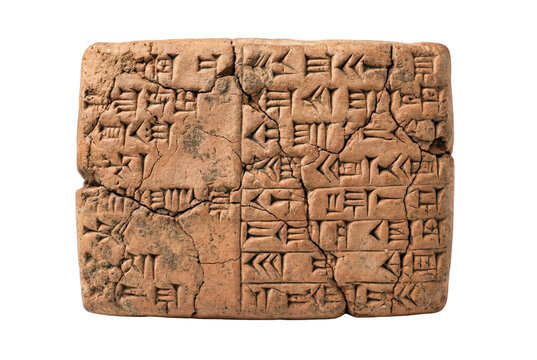 Ancient clay tablet with cuneiform script isolated. Mesopotamian historical artifact.