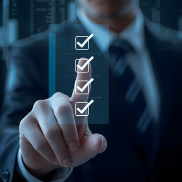 Man interacting with digital icons representing quality standards and certification processes
