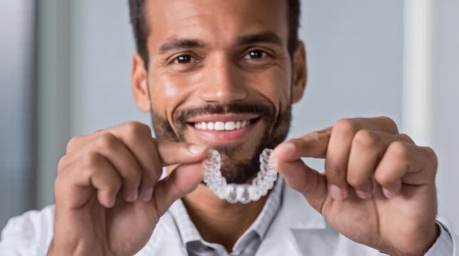 Smiling individual holding orthodontic aligner dental health concept