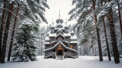 Traditional Wooden Church Building Covered in Snow Among Pine Trees in Winter Forest Landscape