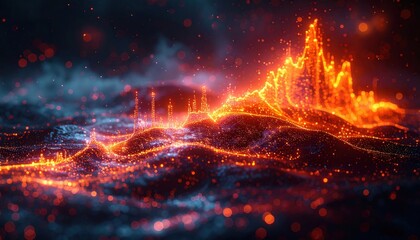 Glowing orange and blue digital landscape representing data visualization with peaks and particle effects