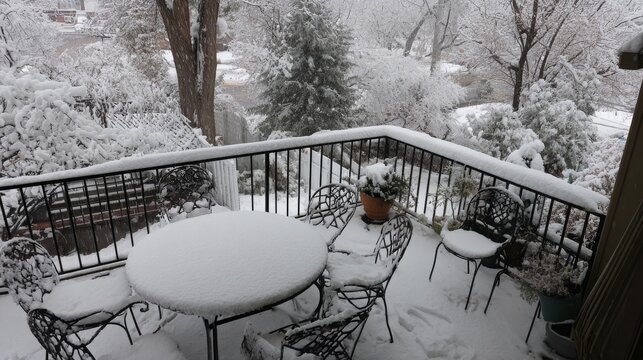 Fresh white snow building up on patio furniture in backyard porch, early winter snowfall covering outdoor chairs and table, cold seasonal weather change at quiet residential home exterior