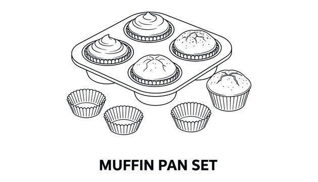Muffin pan set with empty muffin cups line art minimalist black and white vector design